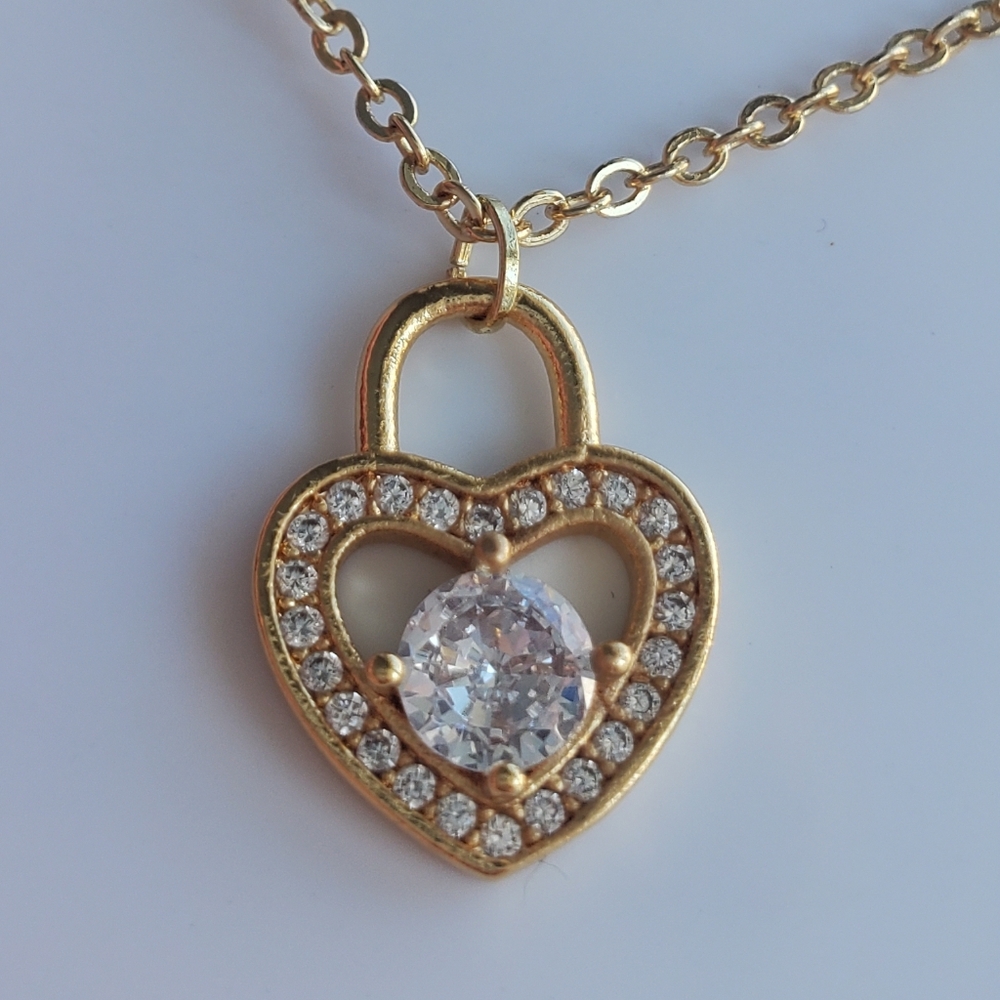14k Gold Plated Necklace with Cubic Zirconia Heart Lock Pendant